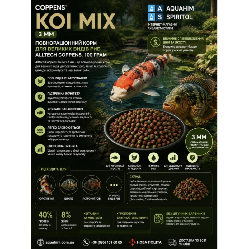 Mix Koi 3мм, корм для акваріумної риби Alltech Coppens, 100 грам